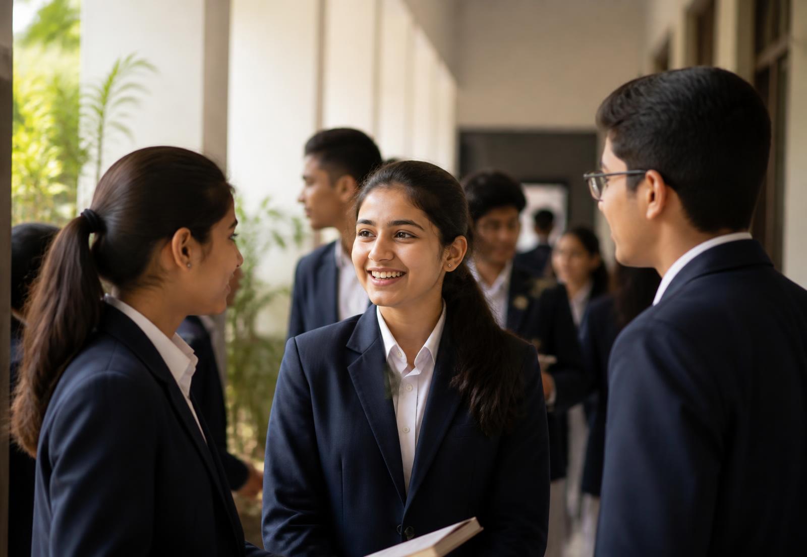 Students in navy XOVER school blazers in a school corridor