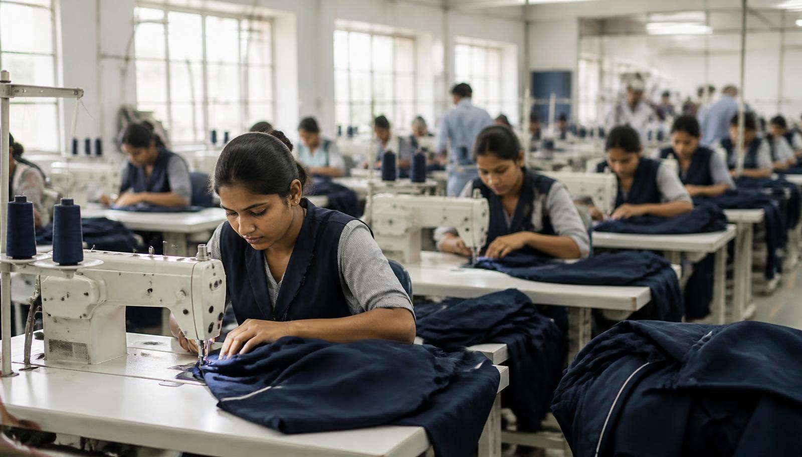 X Line stitching floor producing institutional school uniforms